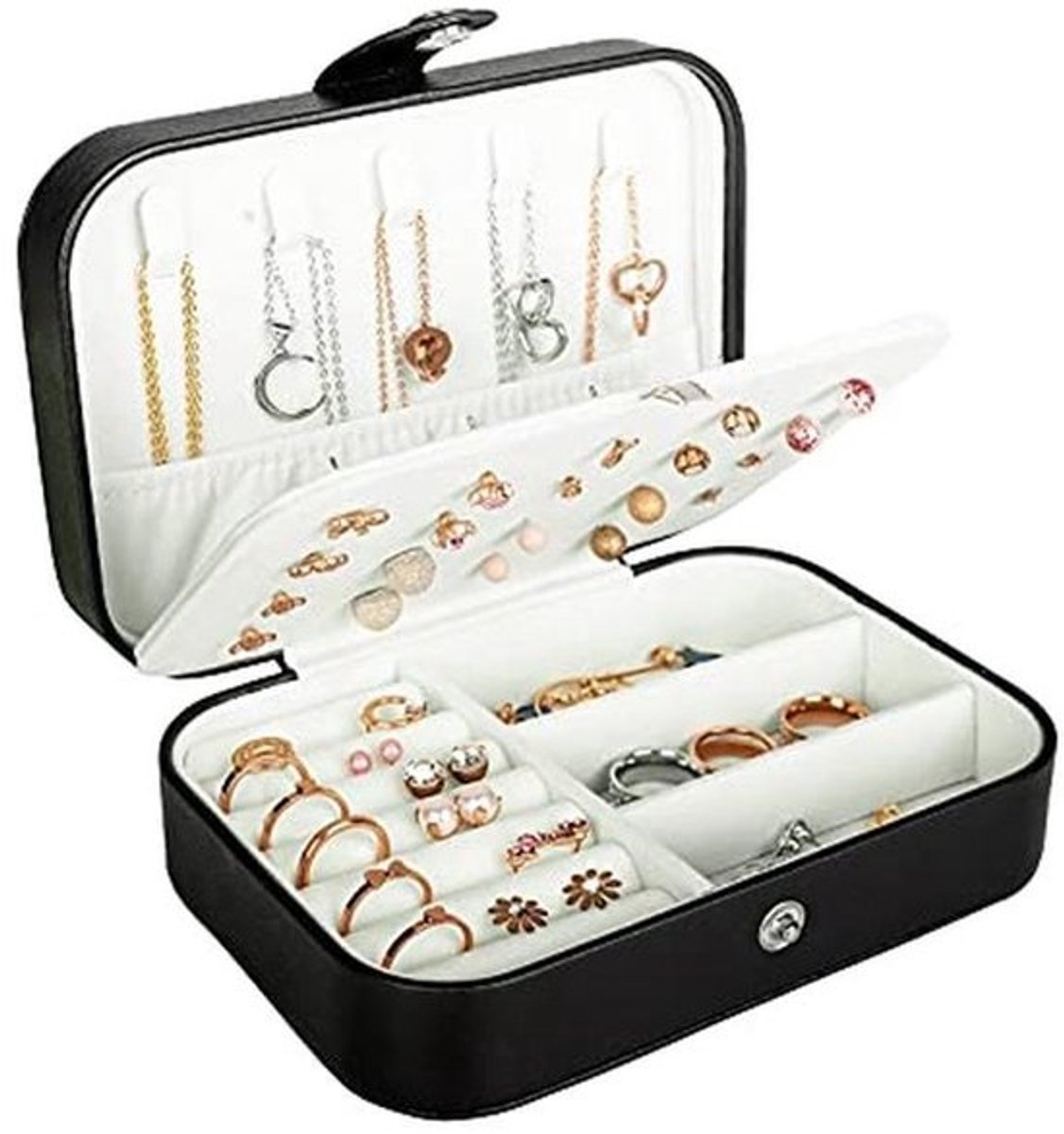 Dubbellaags Sieradenkistje van PU leer - Draagbare Mini Reisoplossing voor Sieraden - Organisator voor Oorbellen, Ringen, Kettingen en Armbanden