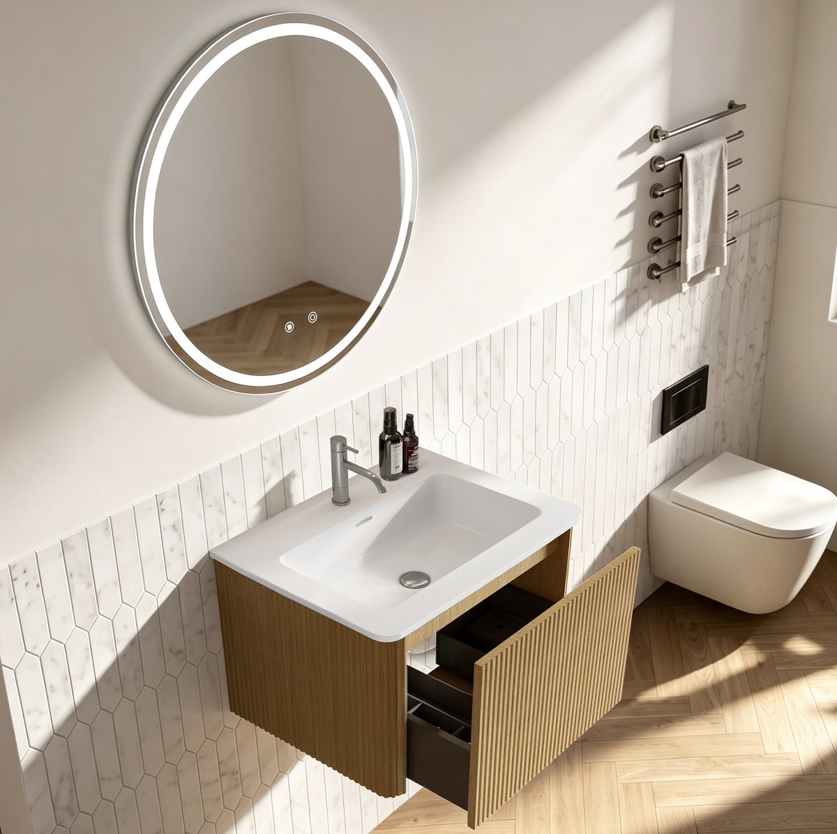 OKWISH Badkamer Wastafelmeubel Set - Wandhangend Met 1 Lade En Rond LED Spiegel - Met Wasbak - Oak - 61 X 46,5 X 37 Cm
