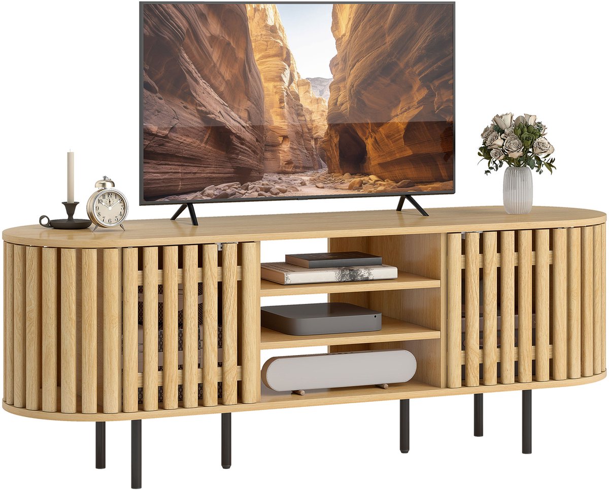 ECTEATOY® TV-Meubel - TV-Kast voor Televisies tot 60 Inch - Met 2 Lattendeuren en Open Vakken - 140 x 40 x 52 cm - Natuurlijk Hout