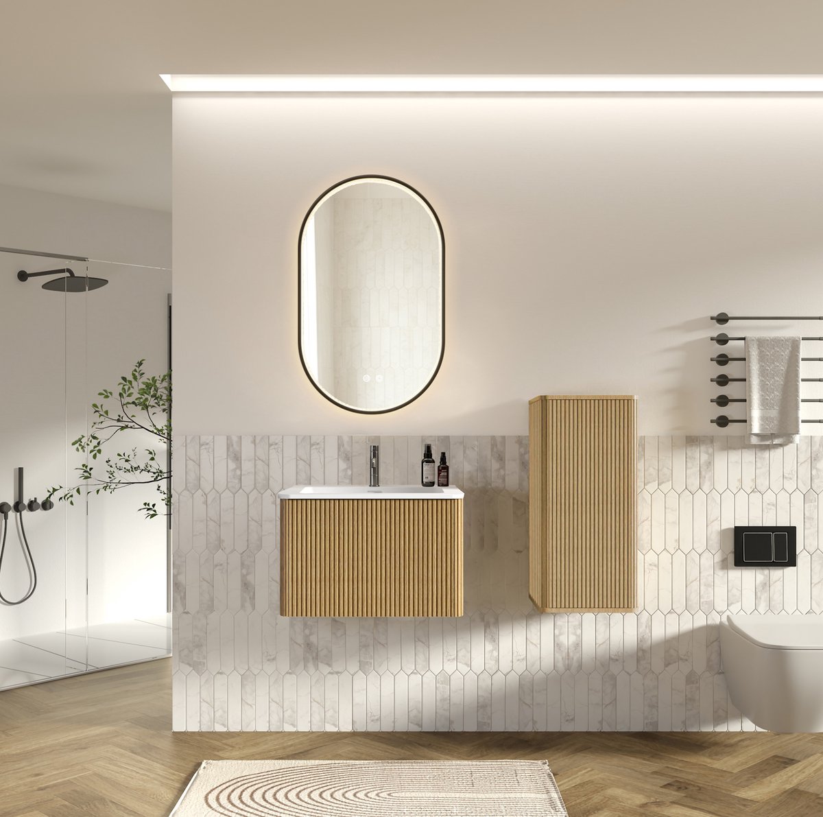 OKWISH Badmeubel Set - Wandhangend Met Wastafel, Zijkast en LED Spiegel - Voor Kleine Badkamer of Gastentoilet - Houtlook Eiken - 60 cm