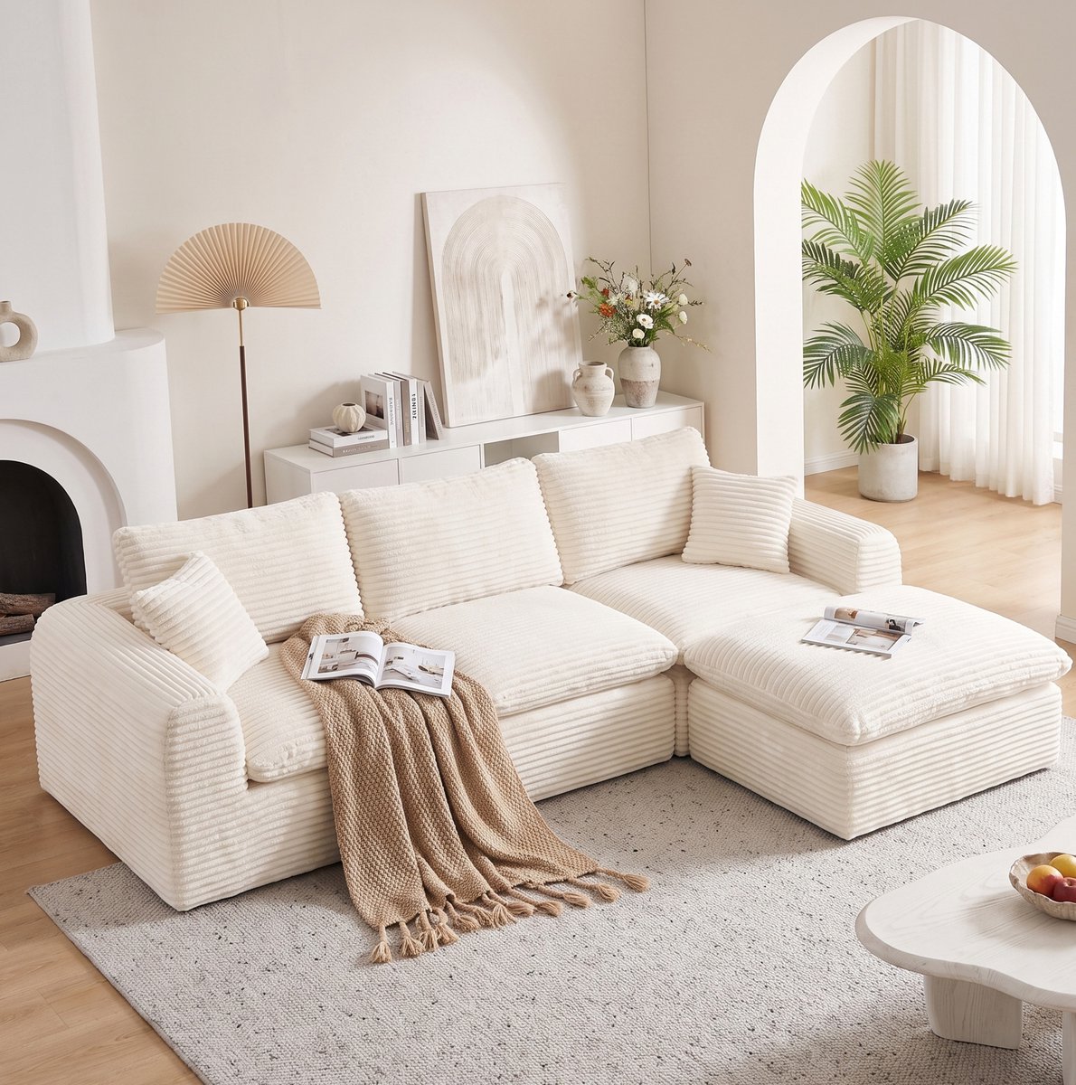 MODENUIT Hoekbank 280 x 180 x 65 cm - 3-Zits L-Vorm Met Slaapfunctie - Woonkamer En Slaapkamer - Stof - Beige
