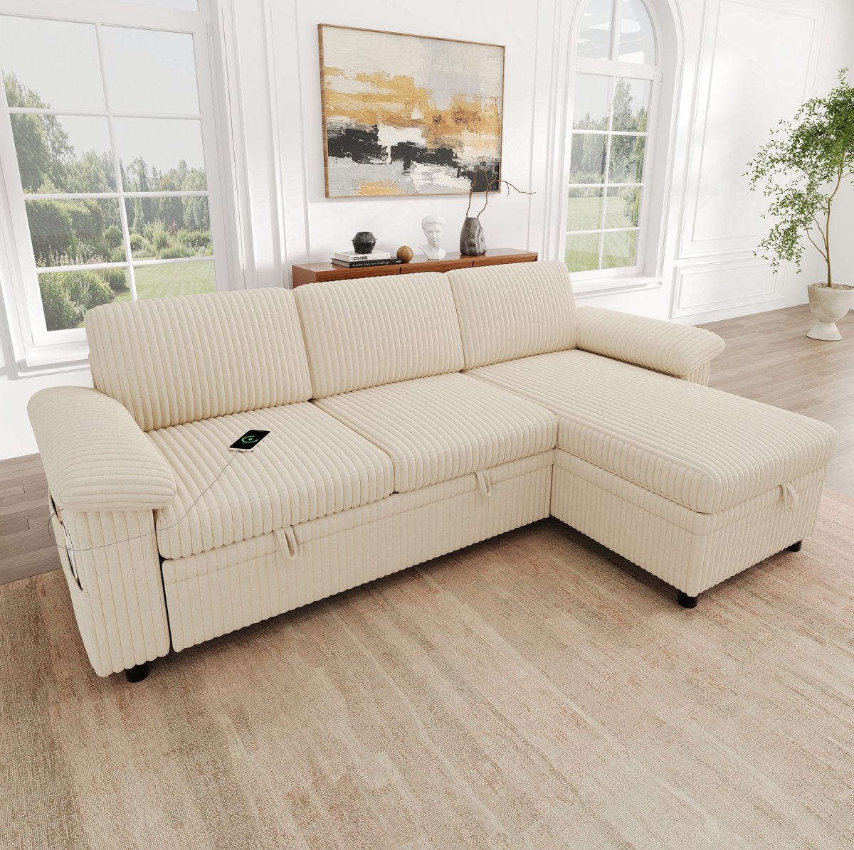 MODENUIT Hoekbank 214 x 138,5 x 89 cm - Slaapfunctie en Opbergruimte - Links/Rechts - Corduroy - Beige