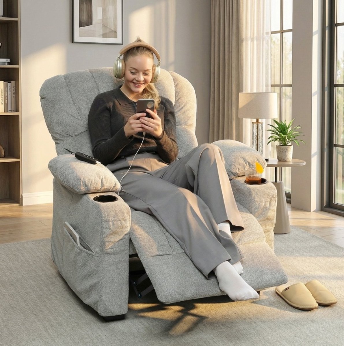 MODENUIT Relaxfauteuil Elektrisch 96 x 90 x 105 cm - Verstelbare Rugleuning En Voetensteun - Polyester Grijs