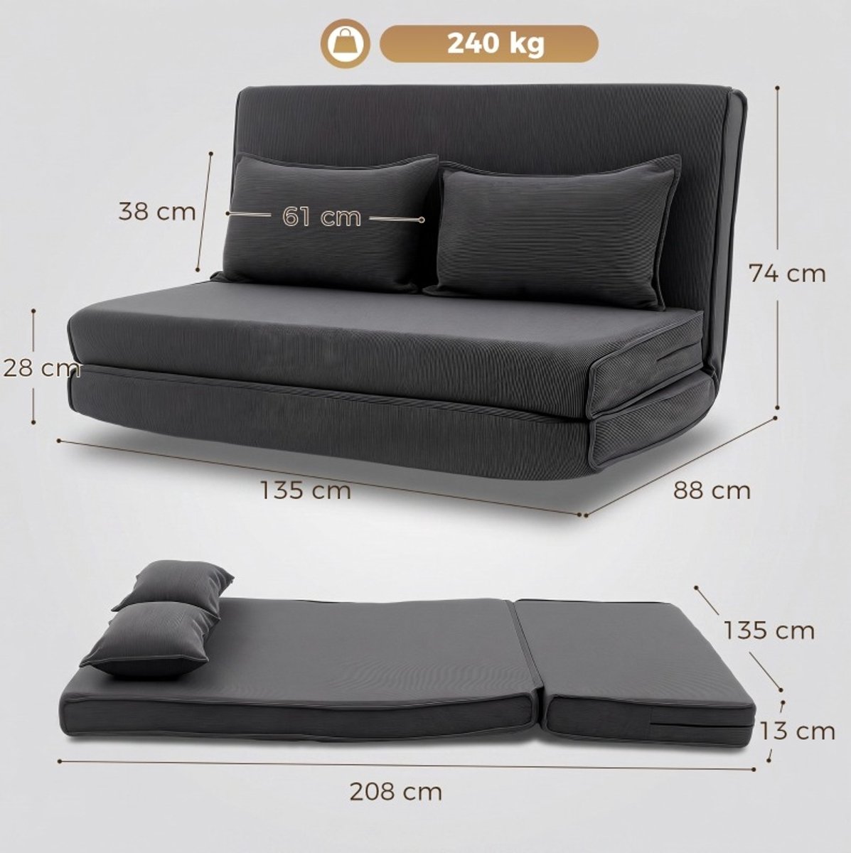 MODENUIT Slaapbank 135 x 88 x 74 cm - Verstelbare Rugleuning - Voor Woonkamer En Gastenkamer - Stof - Donkergrijs
