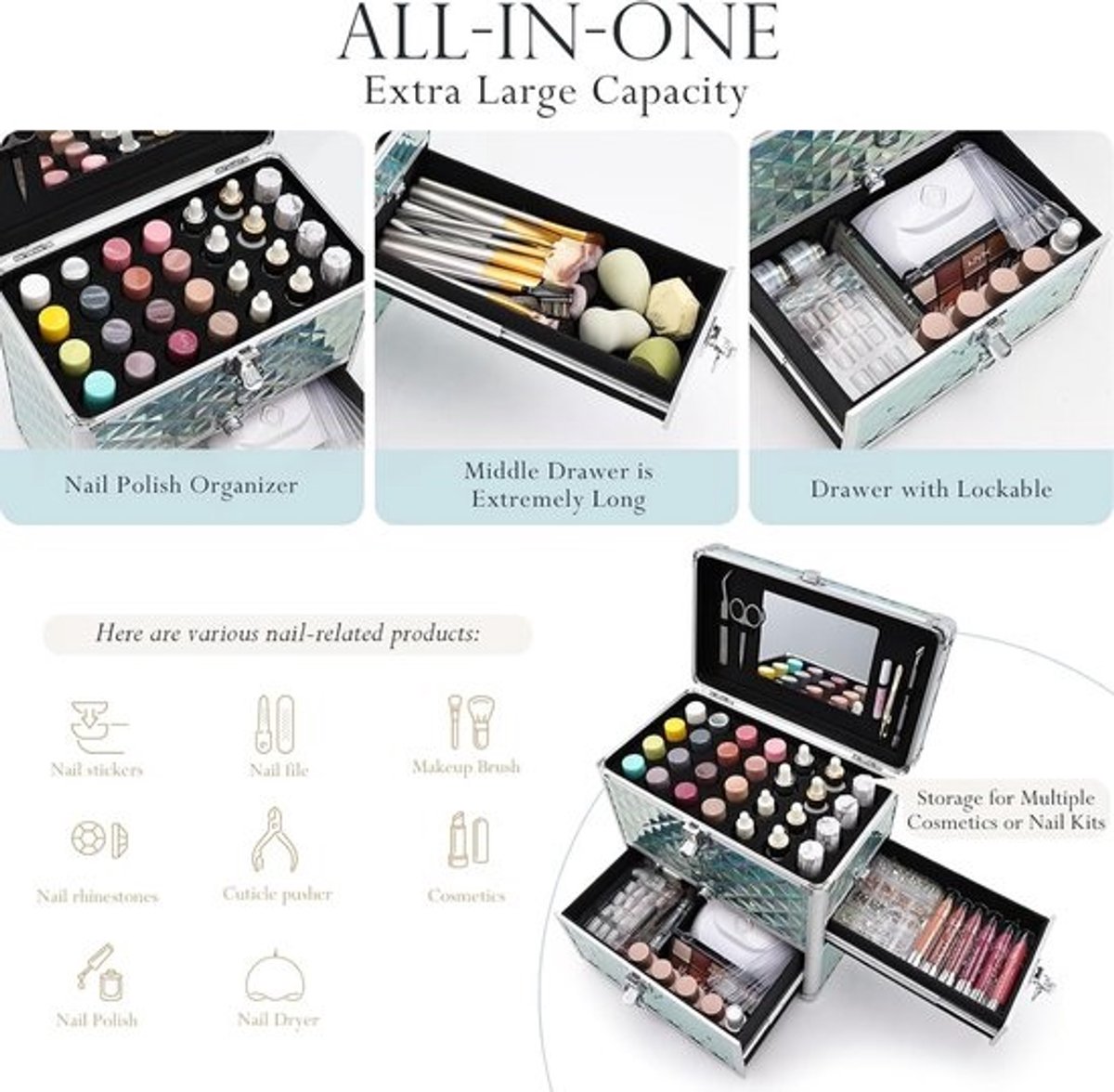 Extra Grote Make-up Organizer Koffer met Spiegel en Verdelers