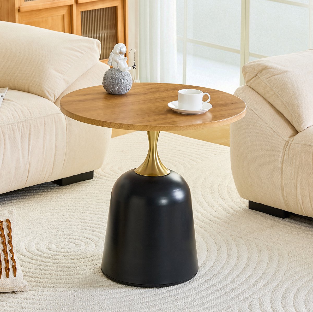 MODFU-Bijzettafel-Rond 60 Cm-Metalen Onderstel-Houtlook-Woonkamer