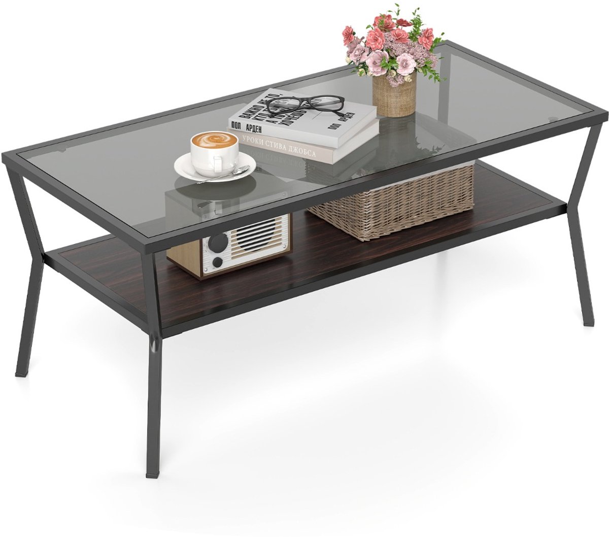 SureDeal® - Salontafel - Laags Glazen Tafel - Opbergruimte Rechthoekige - Gehard Glazen Blad - 106,5x50,5x46,5 cm - Zwart