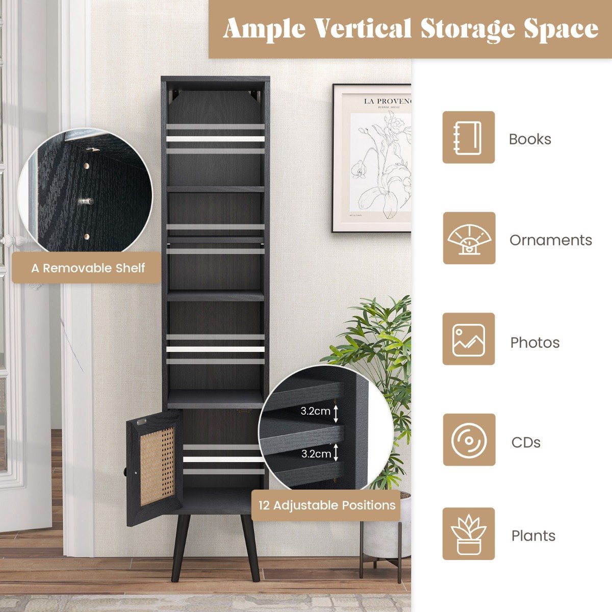 SureDeal® - Ladekast - Rieten Hoge Kast - Planken - Rieten Deur Commode - 29,5x29,5x137 cm - Donkerbruin
