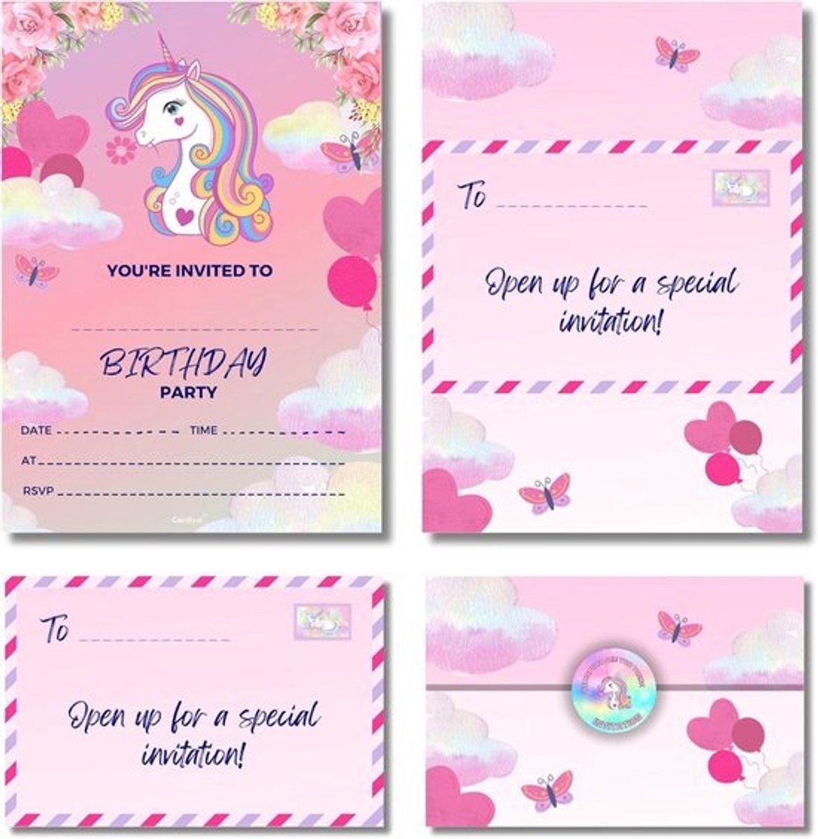 Eenhoorn Verjaardagsfeest Uitnodigingen voor Kinderen - Pakket van 24-32 Met Opvouwbare Enveloppen en Stickers