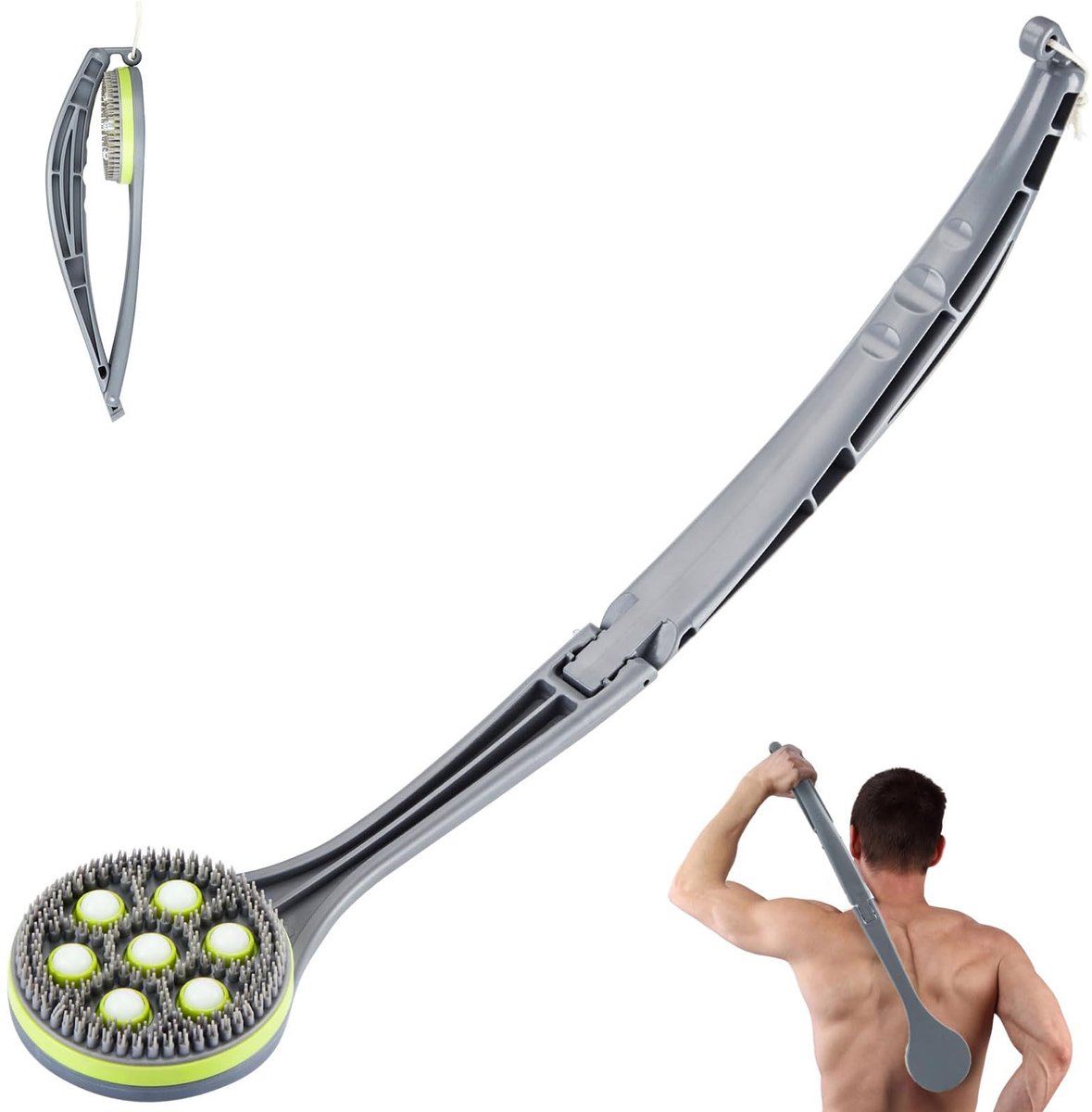 Siliconen Doucheborstel - Met lange steel 53 CM, massage rollkoppen en draaikogel voor crèmeverdeling - Voor rug wassen