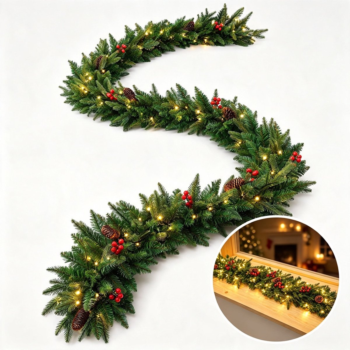 Premium Kerstslinger(PVC + PE) – Kunstkerst Guirlande met 50 LED verlichting – 2,7 meter – 320T met LED, dennenappels & rode bessen – Binnen en buiten – Voor open haard, trap, deur, kerstdecoratie