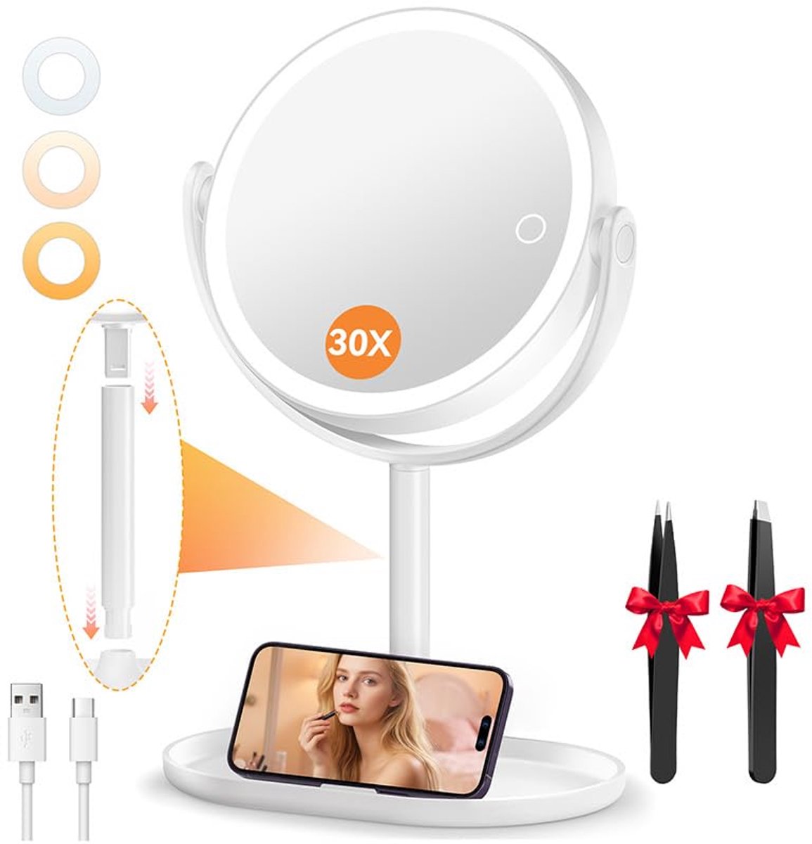 Make-up spiegel - Dubbelzijdig met 30x vergroting en verlichting - USB-aansluiting
