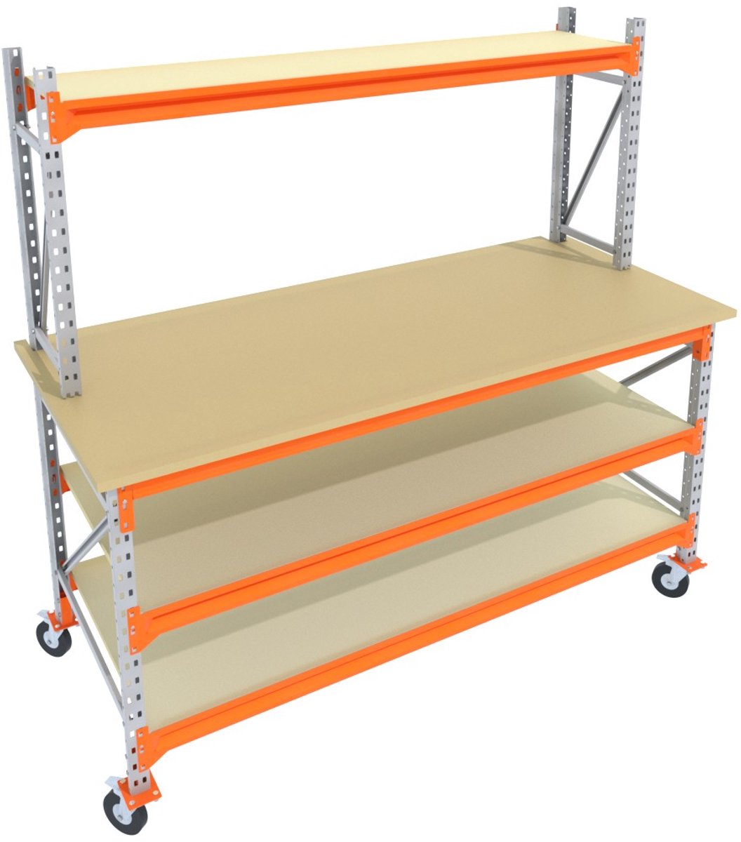 Werkbank of Inpaktafel op wielen GALVA 200cmx105cm - 3 niveaus (multiplex, 1 opbouw, zwarte wielen)