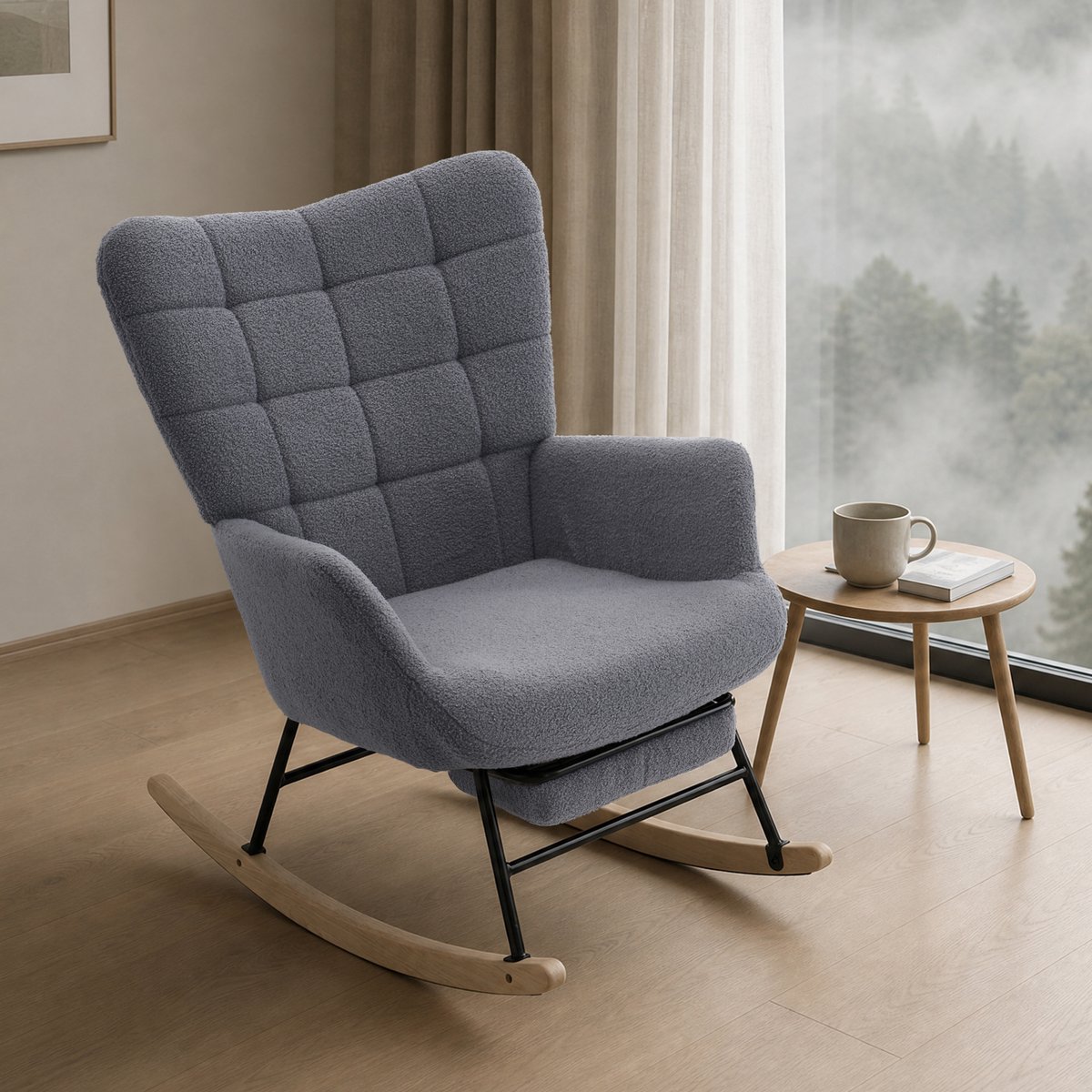 MIVRAY Schommelstoel – Ergonomisch Comfort Met Voetensteun – 91 x 61 x 88 cm – Lamswolstof, Hout En Metaal – Grijs – Voor Lezen En Ontspannen