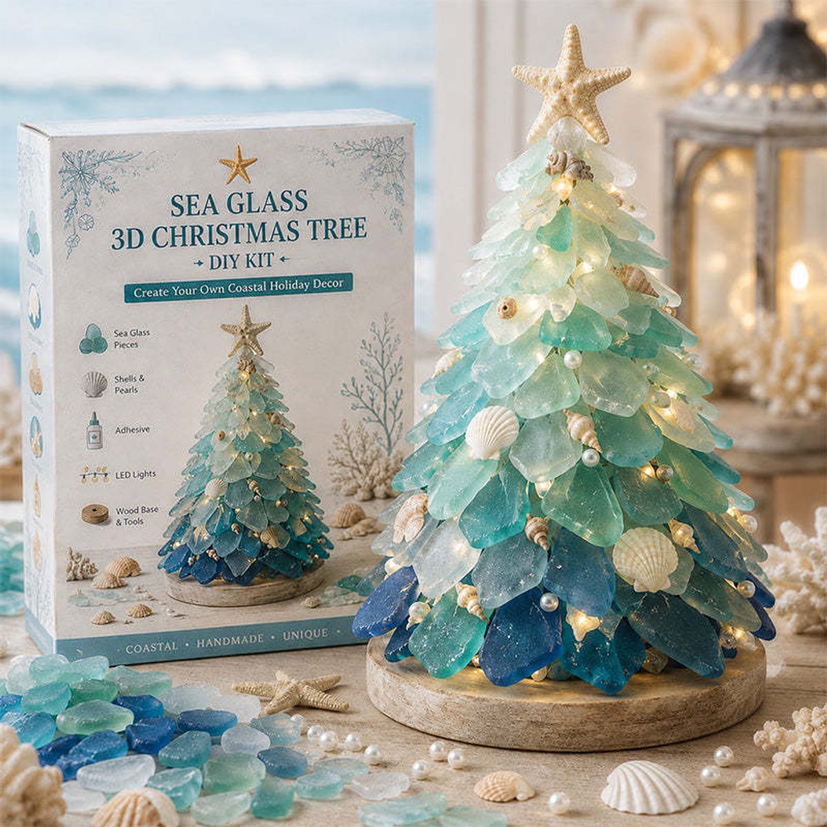 DIY Zeeglas Kunst Kerstboom Pakket met LED Verlichting | 3D Kustdecoratie Feestset met Mat Glasstukjes & Schelpen | Gloedende Tafeldecoratie voor Schouw & Bureau | Ontspannend Creatief Project voor Volwassenen | Handgemaakt Feestcadeau| Cyslmuk®