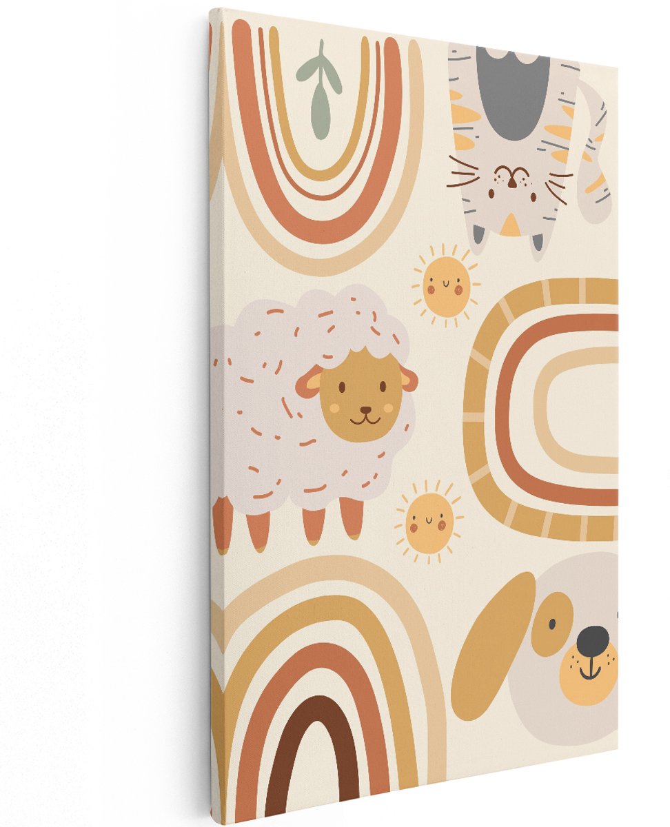Artaza Canvas Schilderij Boho Kinderkamer - 120x180 cm - Groot - Wanddecoratie Babykamer - Muurdecoratie Regenboog - Decoratie Schaap Hond