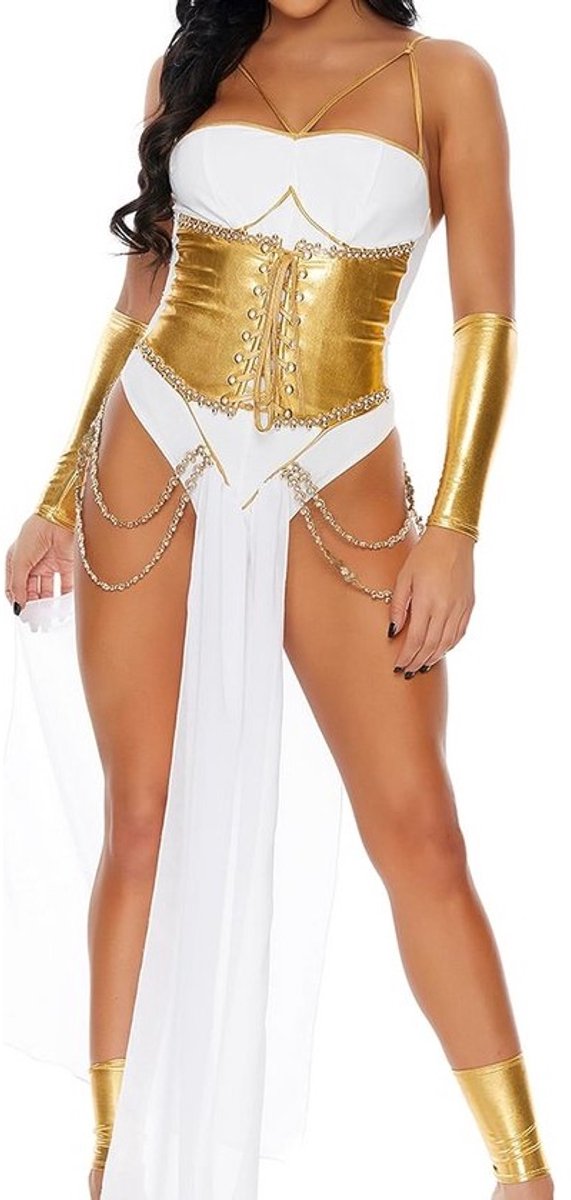Sexy Greek Goddess Costume voor Vrouwen - Wit & Goud met Gauntlets en Beenaccessoires