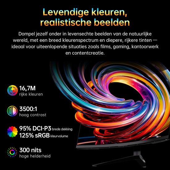 Monitor met 16.7M kleuren, 3500:1 contrast, 95% DCI-P3, 125% sRGB, 300 nits.