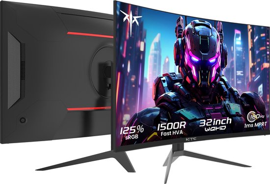 Gebogen 32-inch QHD monitor met een futuristisch robot-design op het scherm. Zwart met rode accenten.