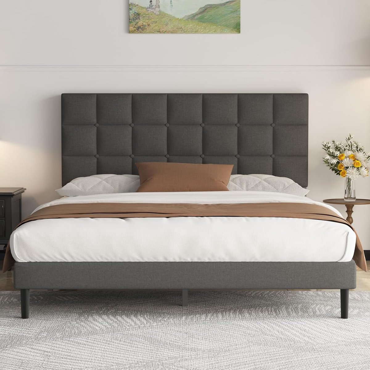 Industrohome Opgehoogd Bedframe 140x200 cm - Modern Ledikant met Hoofdeinde en Lattenbodem, Donkergrijs