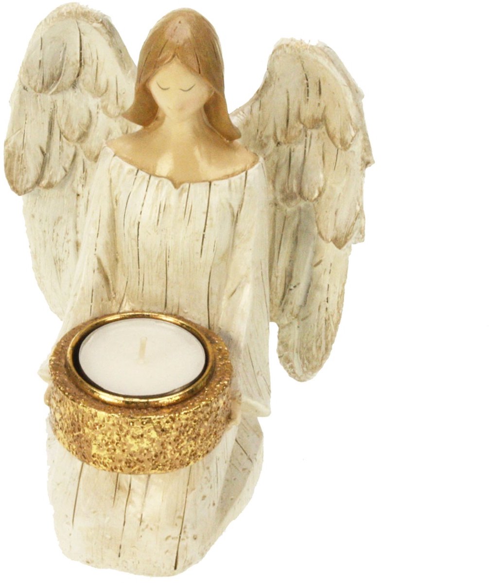 Engel knielend met theelichhouder, wit/ goud 12x11x18cm