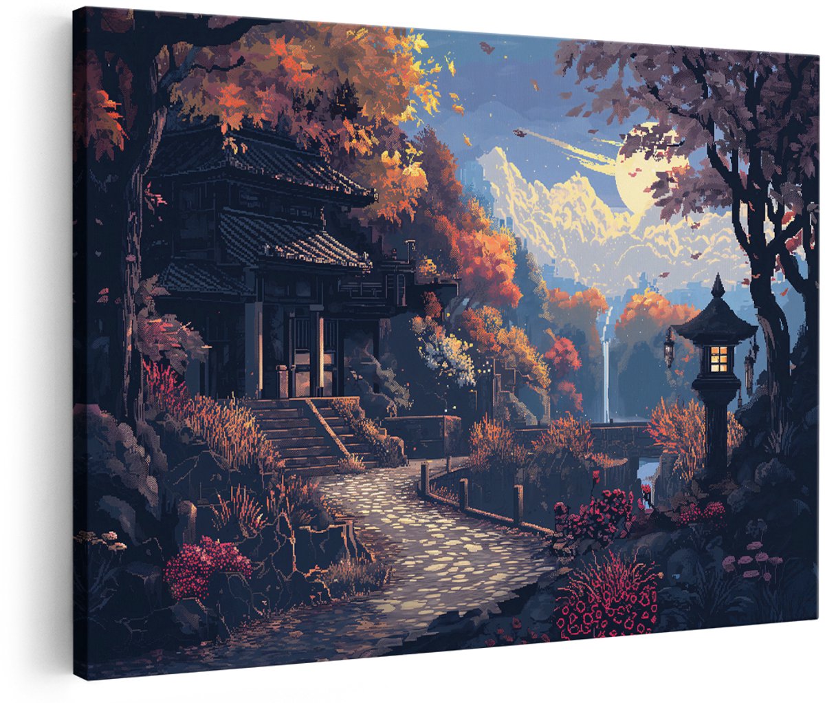 Artaza Canvas Schilderij Japans Landschap - 150x100 cm - Groot - Wanddecoratie Herfst - Muurdecoratie Pixel Art - Schilderijen Op Canvas Natuur