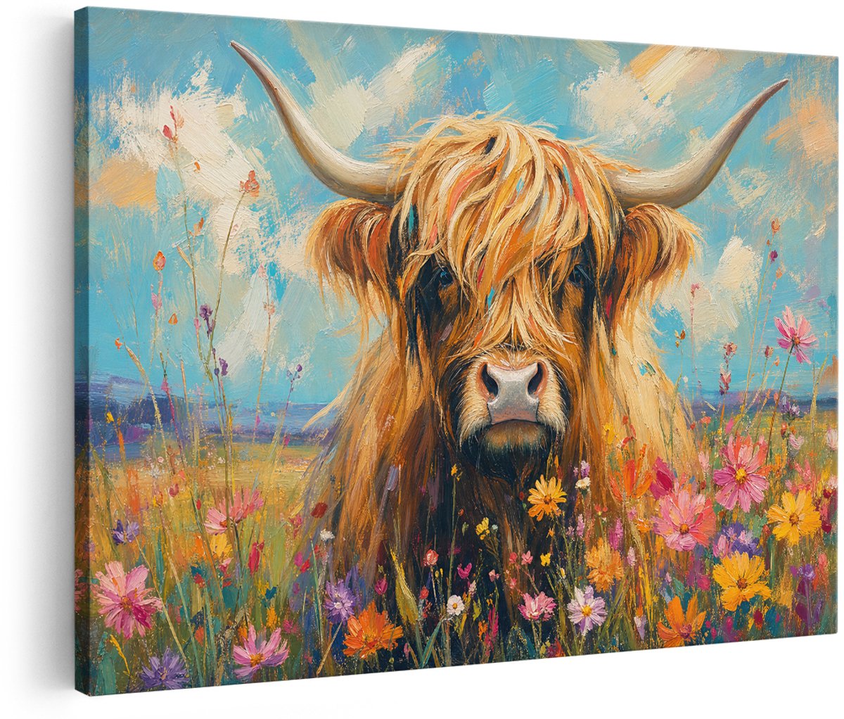 Artaza Canvas Schilderij Schotse Hooglander - Bloemenveld - Kleurrijke Natuurkunst - 150x100 cm - Groot - Wanddecoratie Woonkamer - Schilderijen - Muurdecoratie