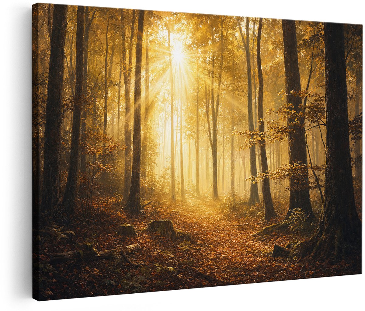 Artaza Canvas Schilderij Verlicht Bos - Herfstzon Door De Bomen - 150x100 cm - Groot - Wanddecoratie Woonkamer - Schilderijen - Muurdecoratie