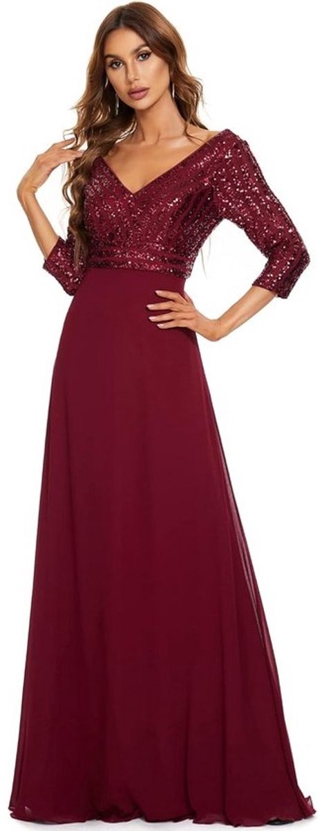 Elegante Lange Avondjurk Chiffon met Pailletten V-hals en Halve Mouwen voor Feest en Gala