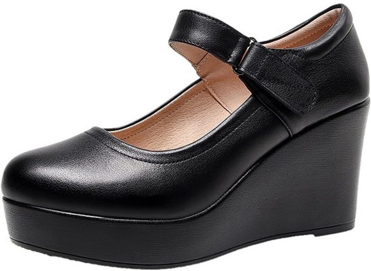 Hoge Plateau Sleehak Dames Schoenen met Klittenband Mary Jane Pumps