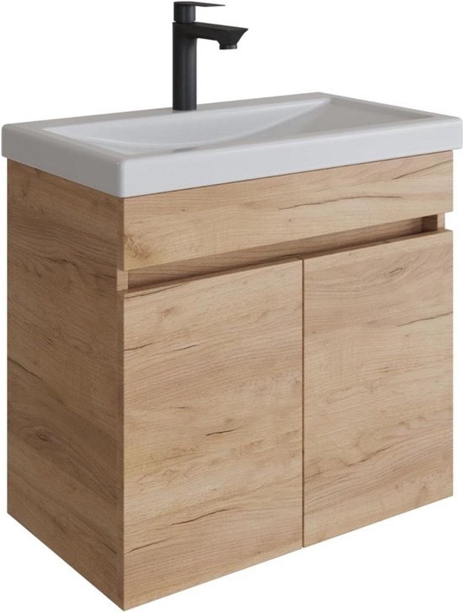 Hanging Bathroom Basin Cabinet 64 cm with Ceramic Sink - Modern Gold Oak Design