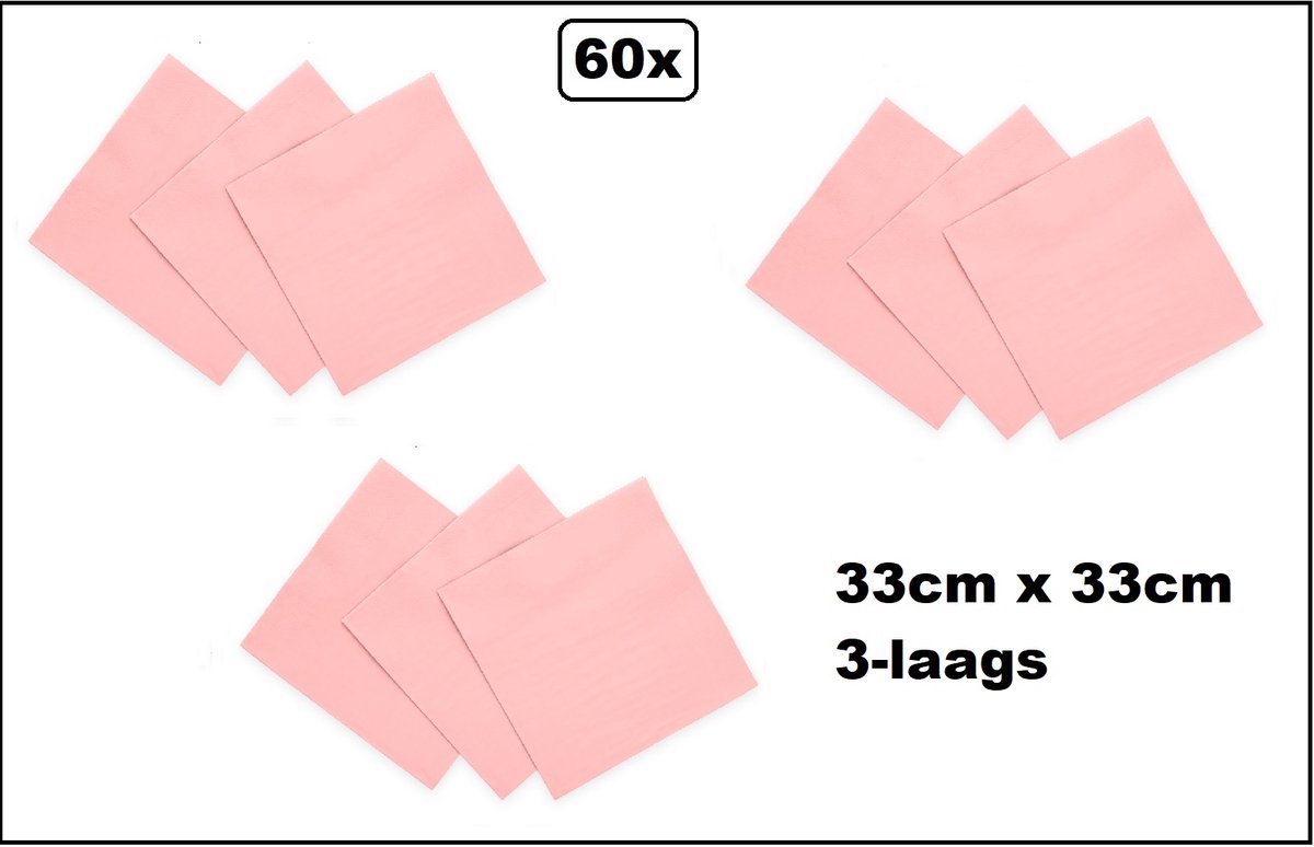 60 stuks Servetten roze 33cm x 33cm - 3 laags - Cocktail servet diner eten knoeien restaurant BBQ thema feest verjaardag feest