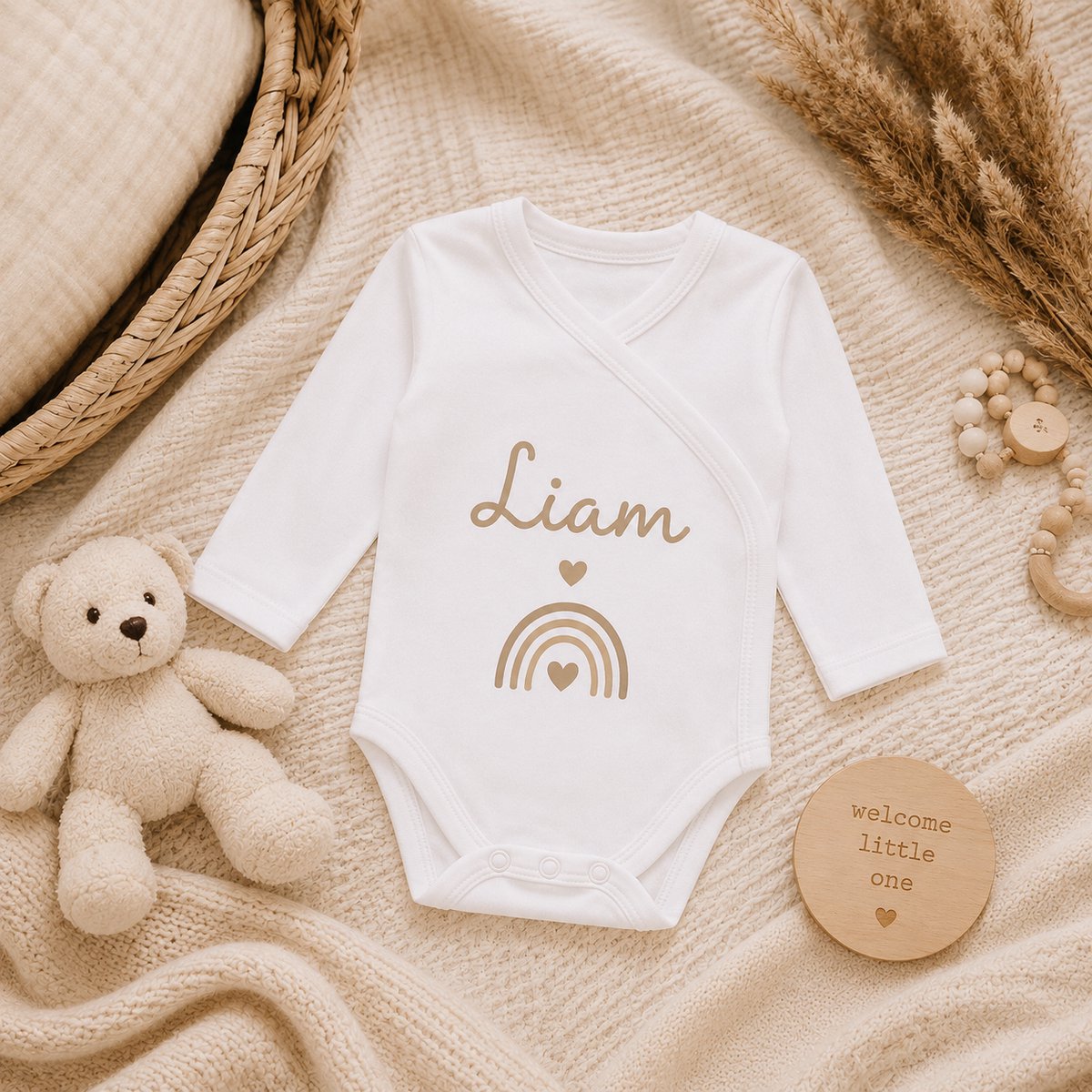 Gepersonaliseerde Baby Romper met Naam – Overslag Romper Lange Mouw – Baby Cadeau – Geboortecadeau – Babyshower – Kraamcadeau unisex