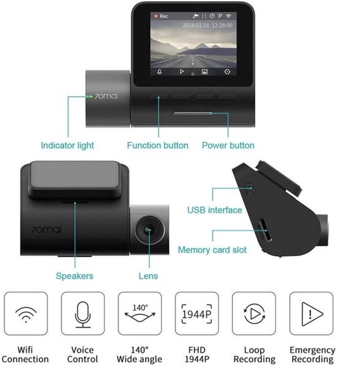 Dash Cam 1944P FHD Autocamera met GPS, Wi-Fi en Nachtzicht