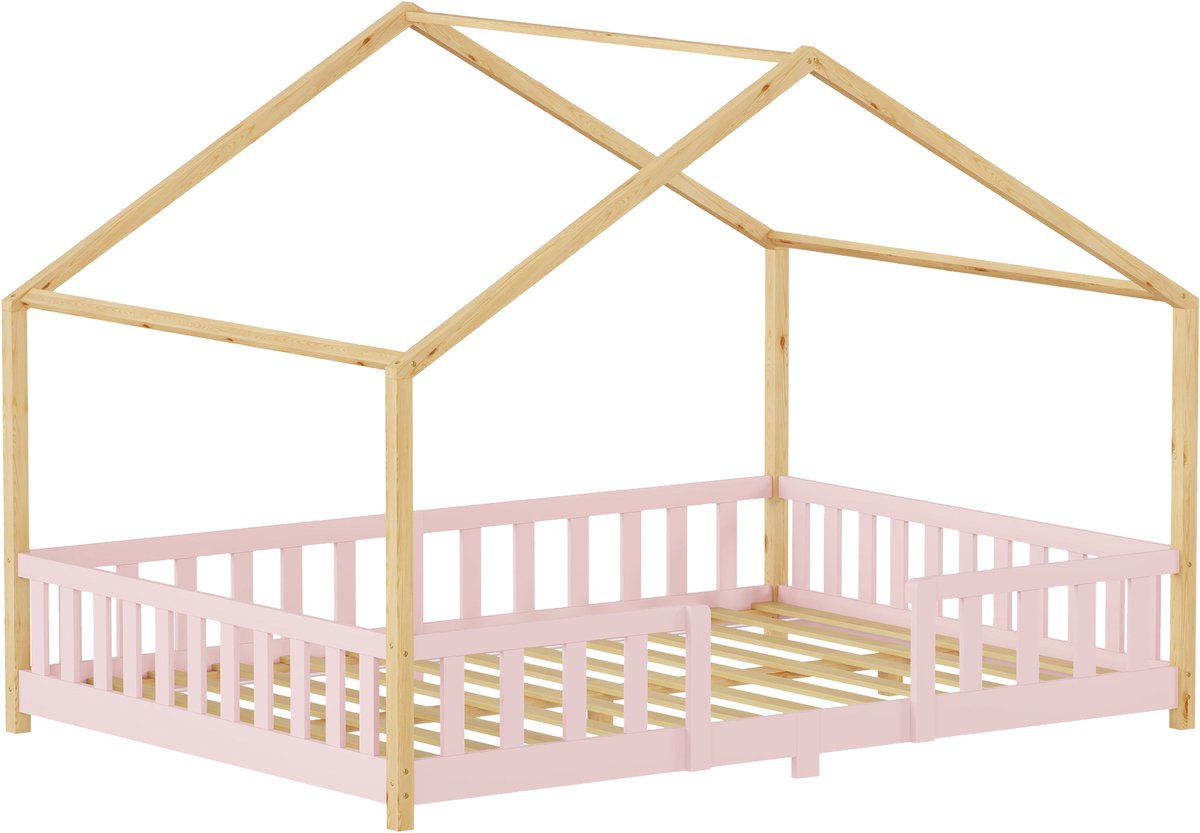 Kinderbed Treviolo huisbed 120x200 cm roze en naturel [en.casa]