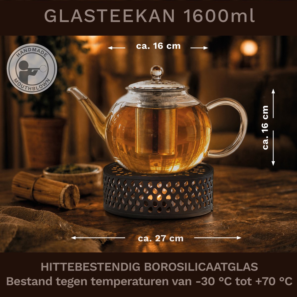 Creano glazen theepot 1,6l met rvs filter en zwart theelicht "Leaf" — cadeau in Koken & Dineren - foto 3