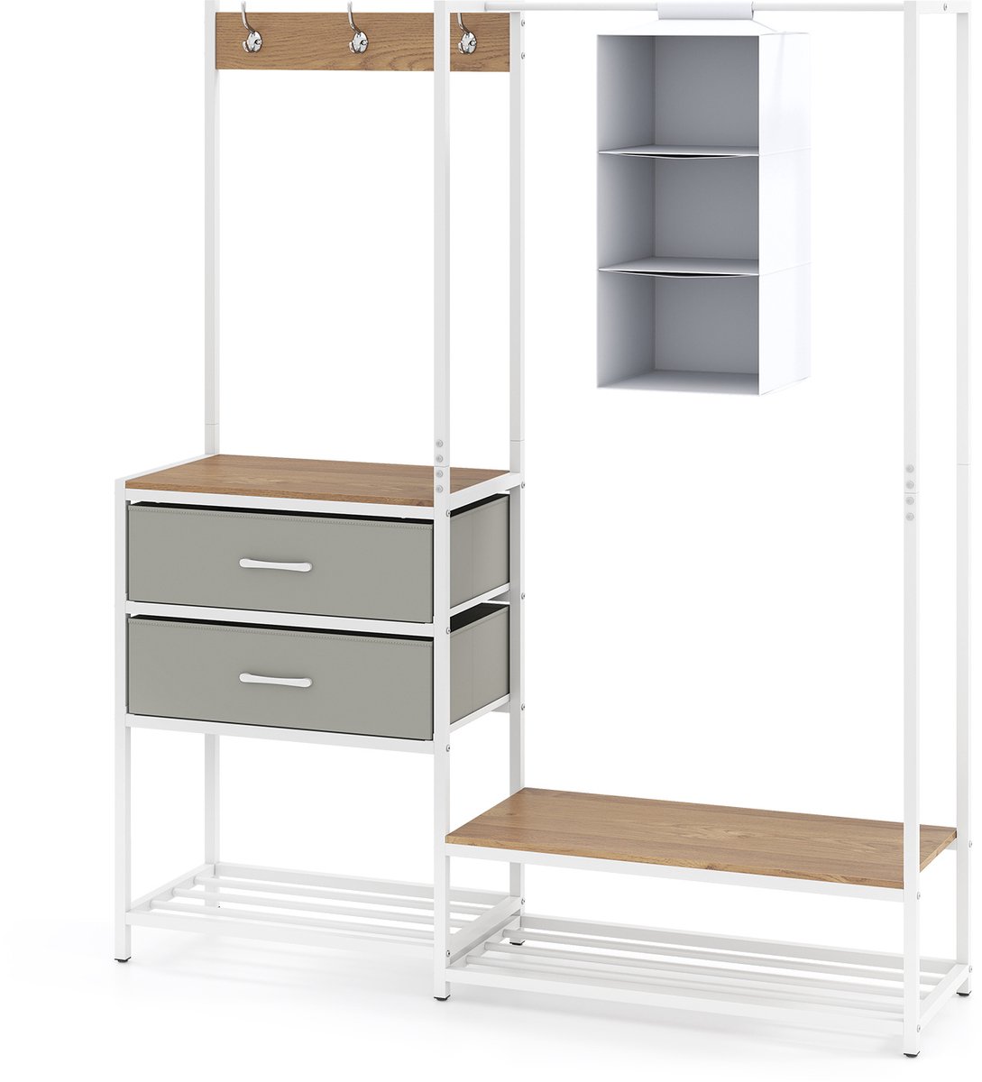 SureDeal® - Kledingrek - Lades - Schoenenrek Kledingstandaard - Kledingstang Planken - Haken - 138x35x161 cm - Naturel