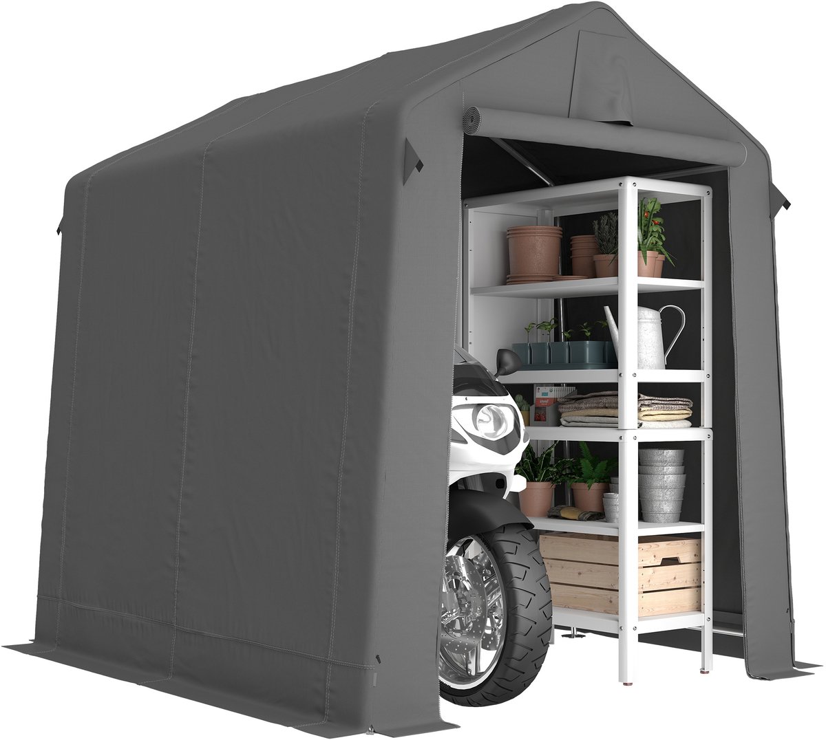 Garagetent 2,3 x 1,9 m Waterafstotend, Opslagtent met Oprolbare Ritsdeur, Ventilatie, Zadeldak, Donkergrijs