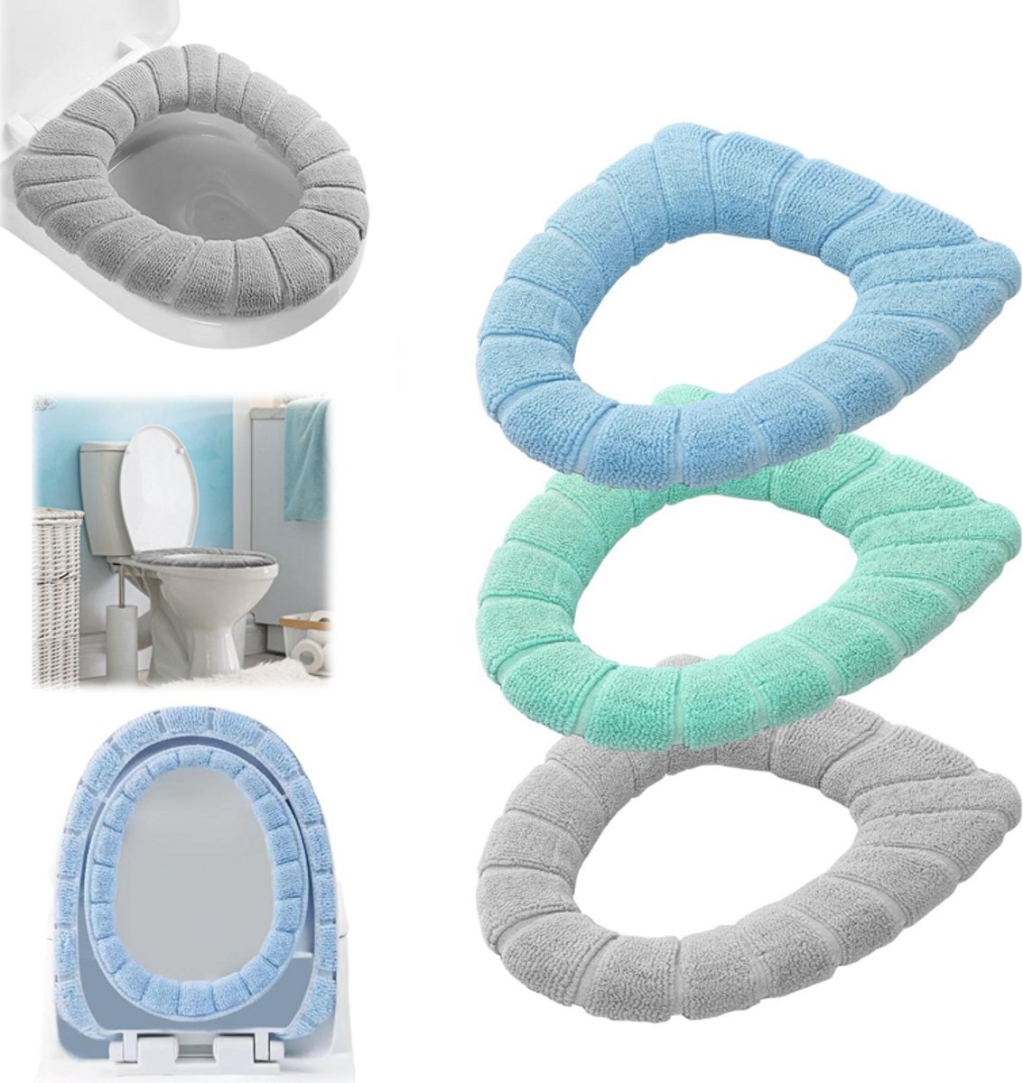 3 stuks - Toiletbrilhoes - Toiletbrilhoes wasbaar - Toiletbril overtrek - Warme Acrylvezel - Blauw + Groen + Grijs - Universeel elastisch overtrek voor O‑ U‑ en V‑vormige toiletbril - antislip - voor badkamer thuisgebruik