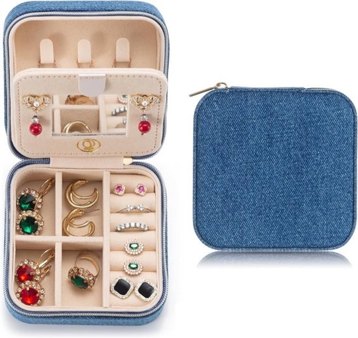 Reis Sieradenkistje - Opbergdoosje Organizer - Veilig Meenemen - Met Ingebouwd Spiegel - 10x10x5 cm - Denim Blauw