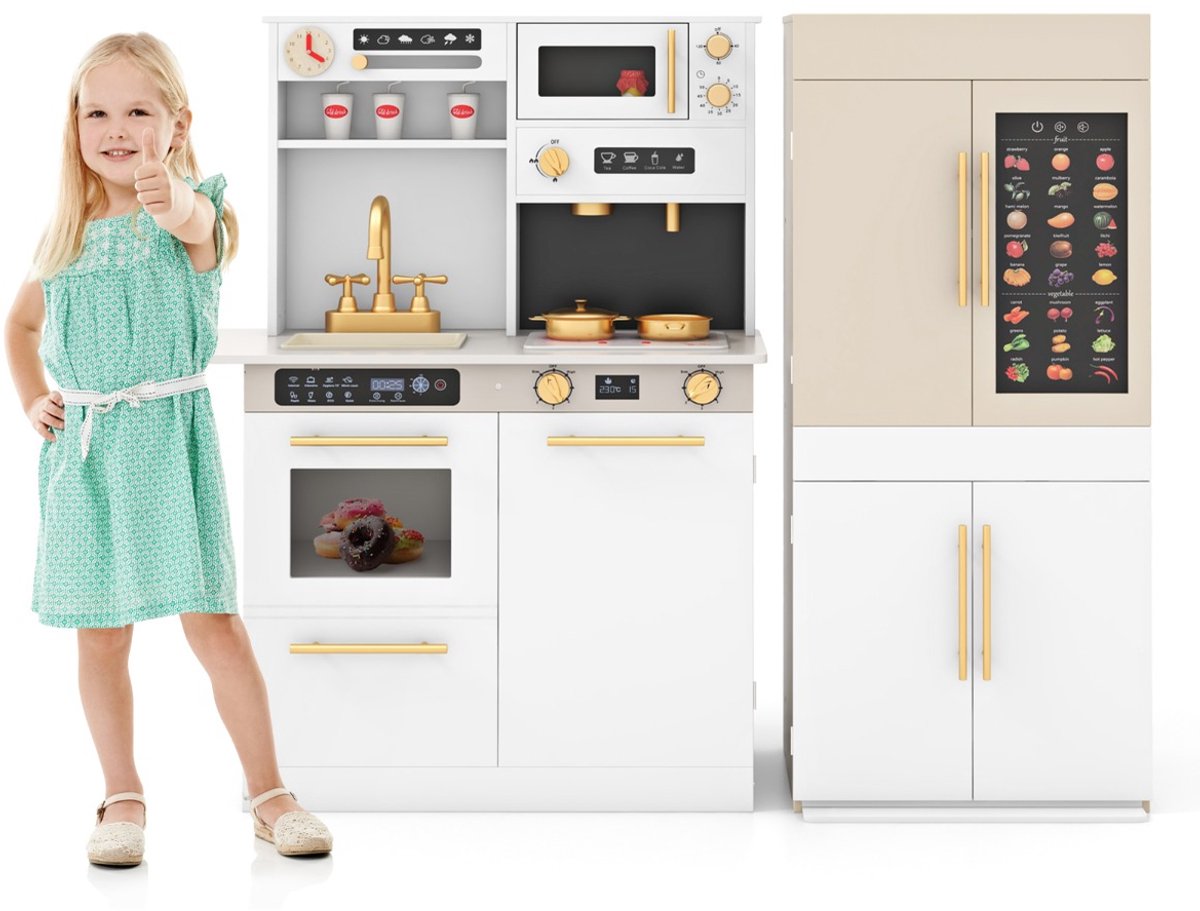 SureDeal® - Rollenspell - 2-delige Kinderkookset Speelkeuken - Koelkast - Educatieve Sprekende Wandposter - Magnetron - 60x31x95 cm - Wit