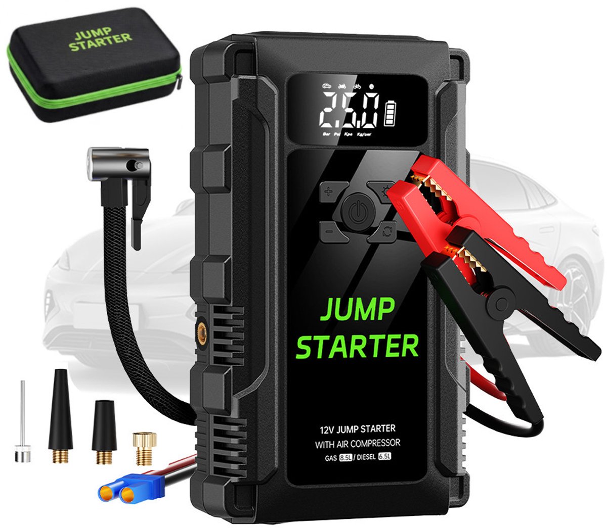 KHRONOX® 12V 5-in-1 Jumpstarter, Jumpstarter Voor Auto, 2500A Peak Current, 18.000 Mah, Jumpstarter Met Compressor, Jumpstarter Met Bandenpomp, Startkabels, 150 PSI Elektrische Bandenpomp, Acculader,Powerbank, LED Zaklamp En SOS Noodlicht, Noodpakket