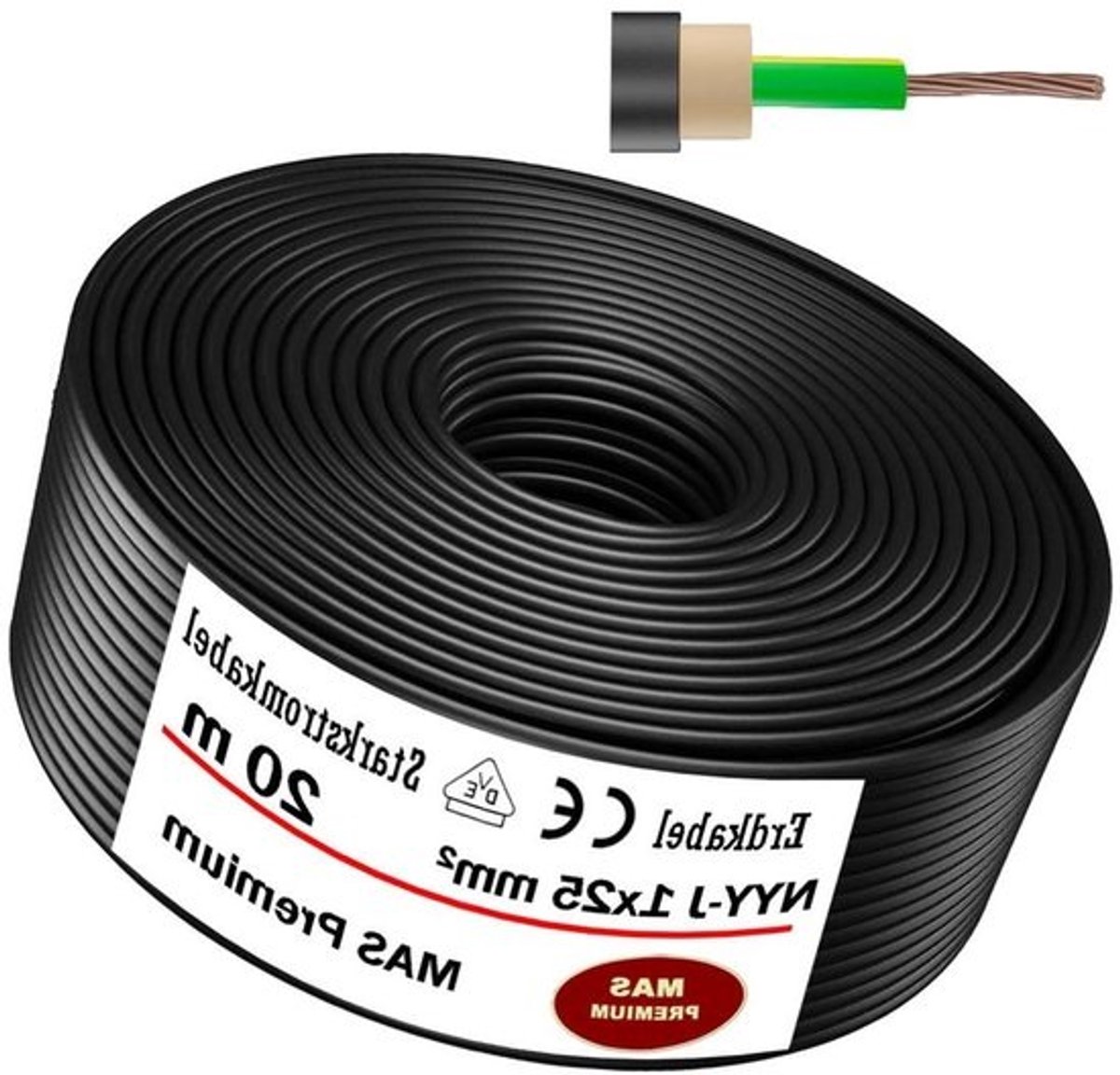 Krachtstroomkabel NYY-J - Aardkabel Elektrokabel - Vaste Installatie Buiten - Volgens VDE-Norm - 1x25 mm² 20m - Zwart