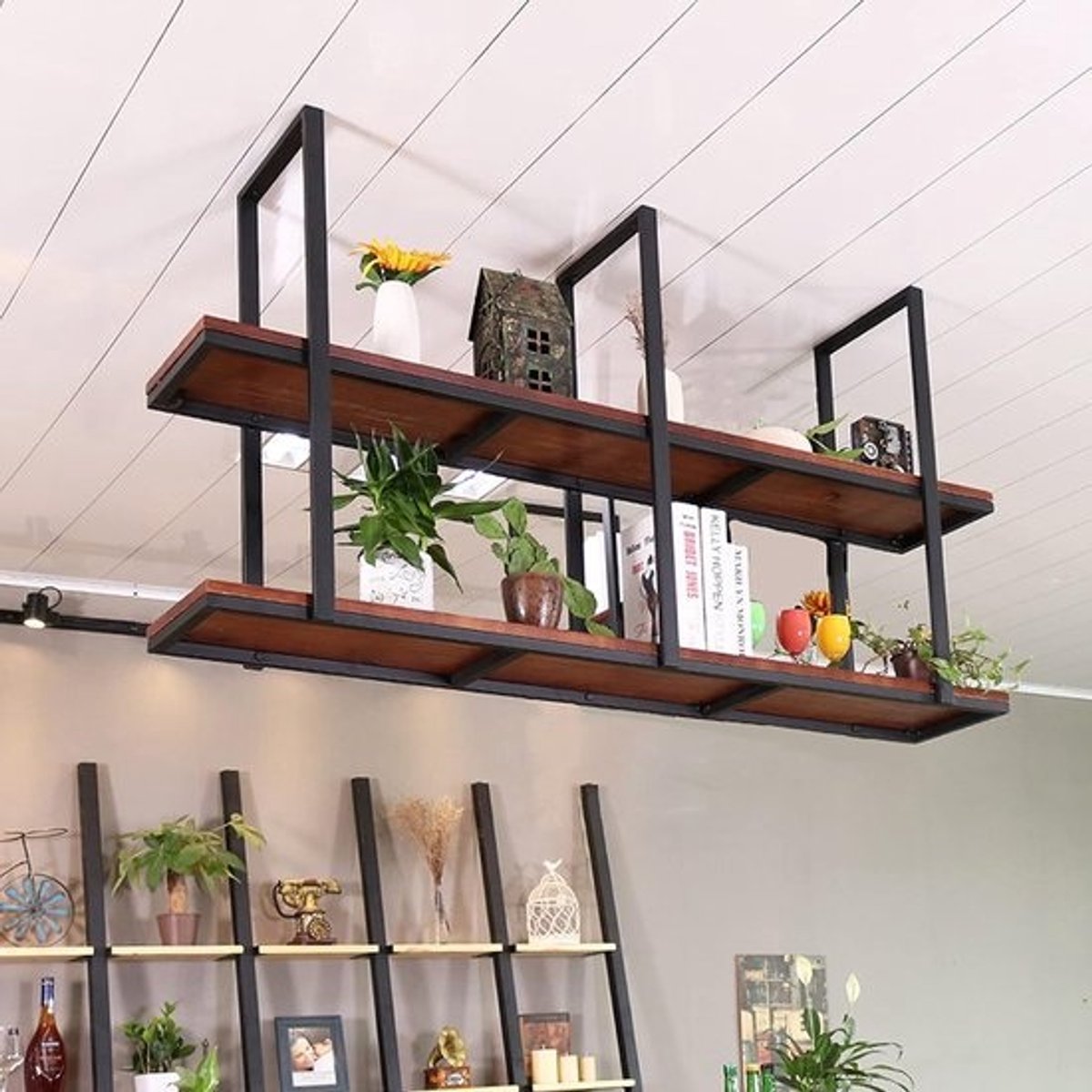Industrieel 2-laags plafondopbergrek voor thuiskeuken en decoratie