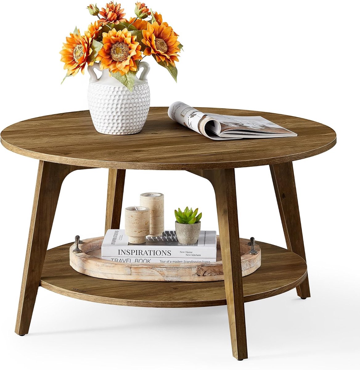 VASAGLE Salontafel rond, 80 cm woonkamertafel, conische poten Gebogen vorm, eenvoudige montage, voor woonkamer, honingbruin, MAEZO collectie