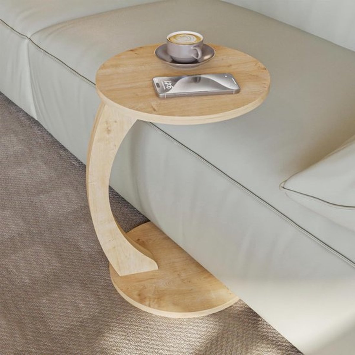 Salontafel met wieltjes in eiken-look, praktische C-vormige bijzettafel voor woonkamer