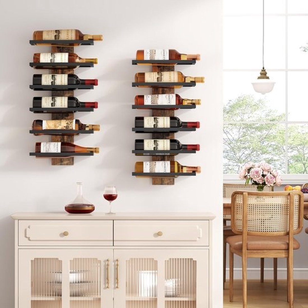 Wijnrek voor aan de muur met 6 niveaus - Stijlvol houten en metalen flessenrek voor keuken en eetkamer — cadeau in Wonen & Interieur - foto 3