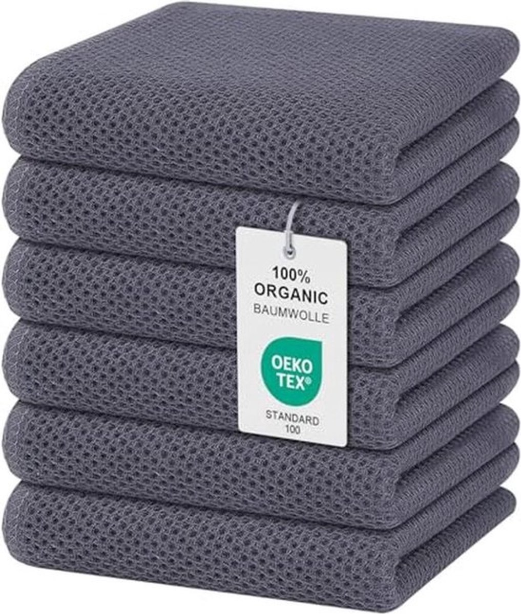 Zachte en Absorberende Theedoeken Set - 100% Katoen, 6 Stuks, Donkergrijs