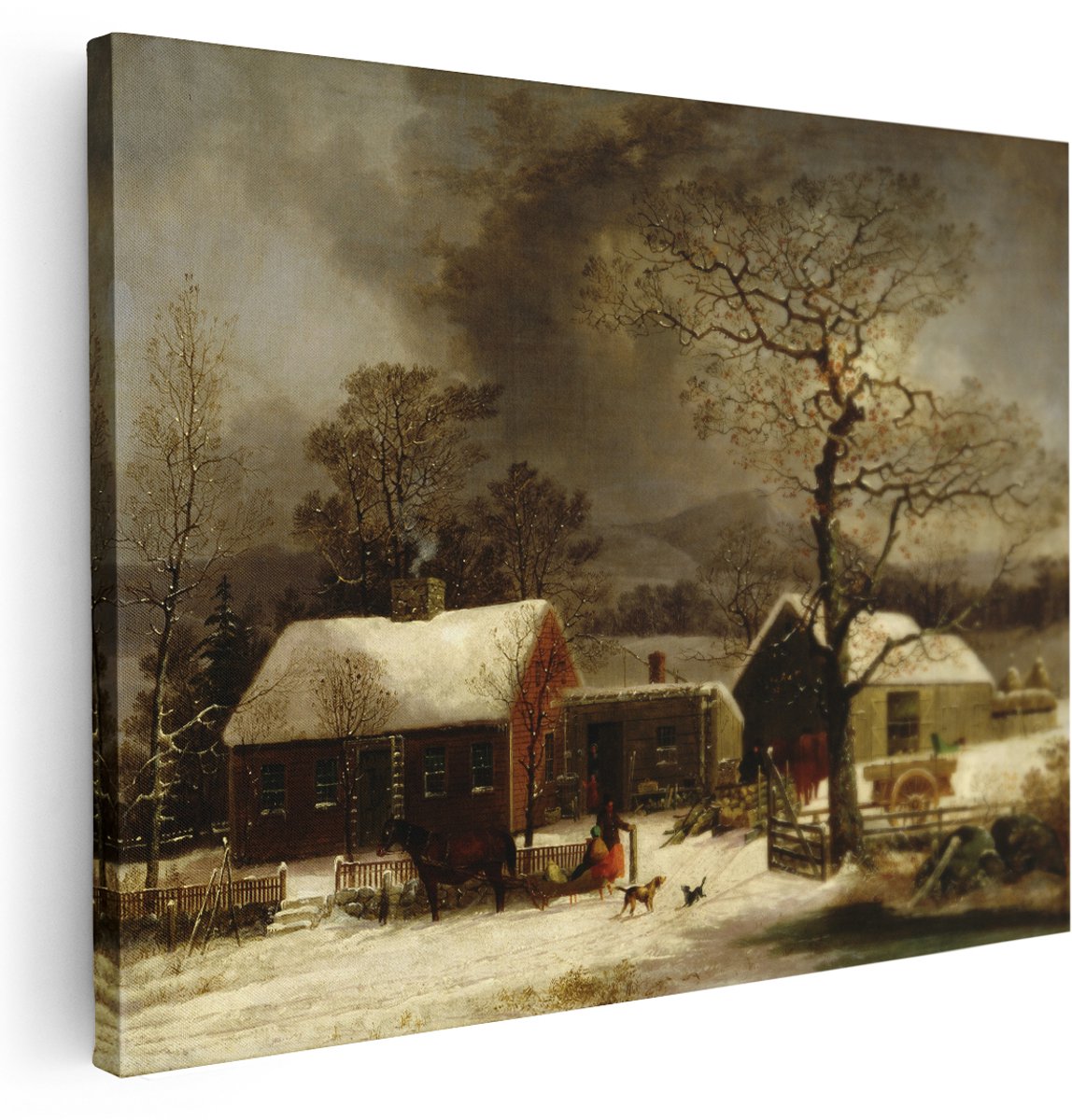 Artaza Canvas Schilderij Winter Boerderij - 160x120 cm - Groot - Muurdecoratie Paardenslee - Wanddecoratie Landschap - Antiek Schilderij Sneeuw