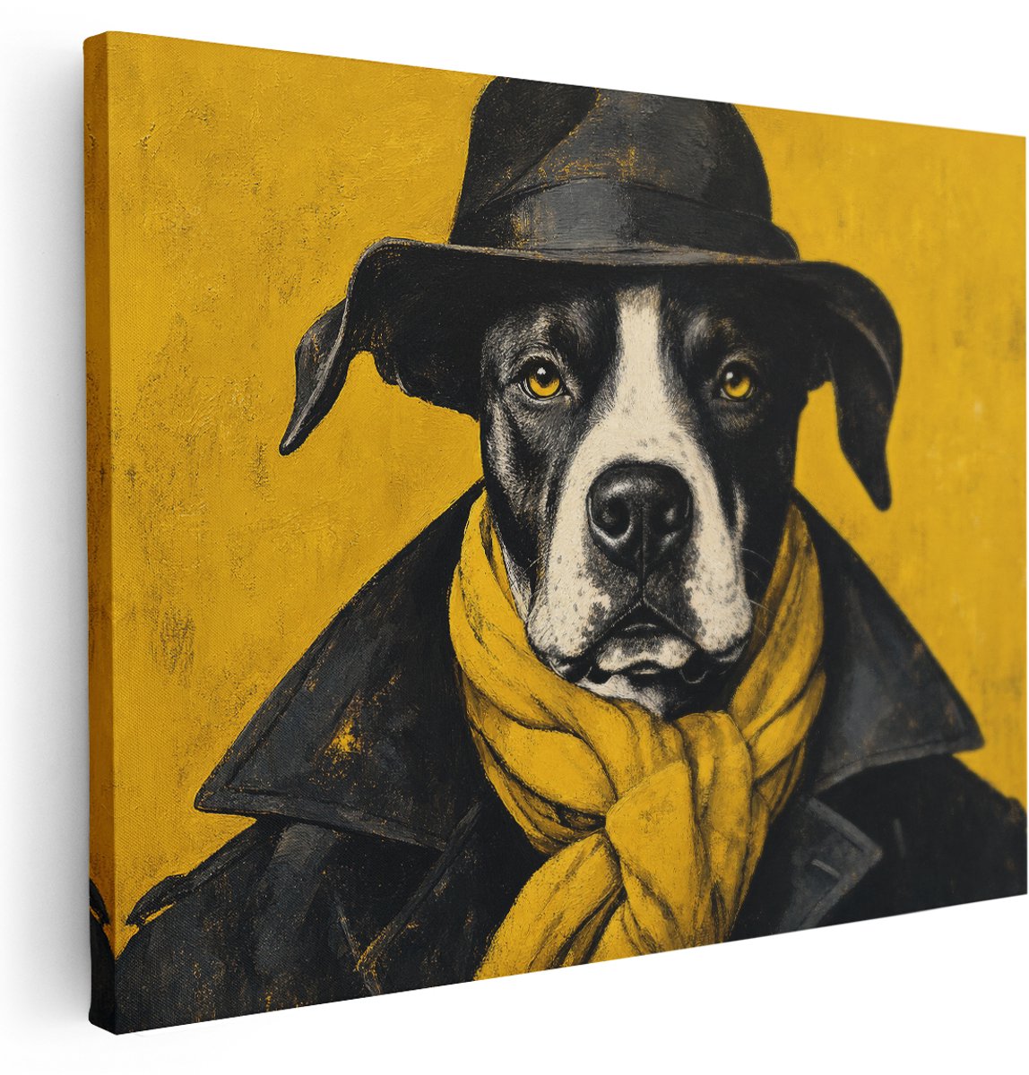 Artaza Canvas Schilderij Grappige Hond Met Hoed En Gele Sjaal - 160x120 cm - Groot - Klein - Wanddecoratie Woonkamer - Schilderijen - Muurdecoratie
